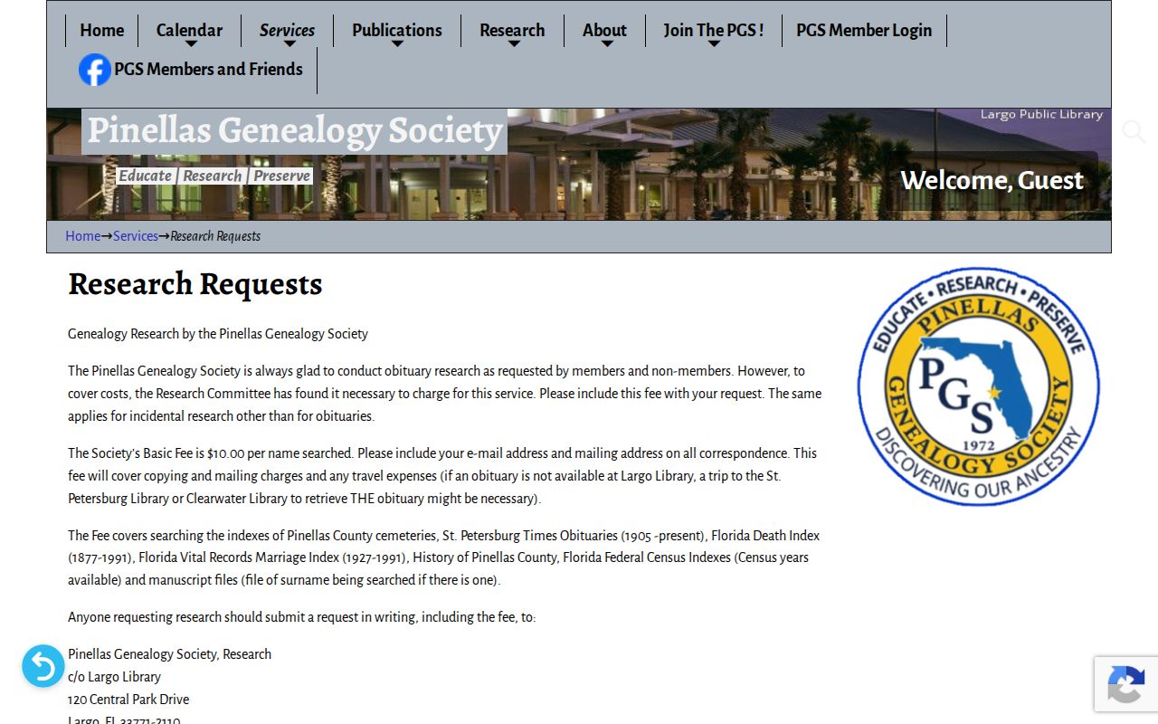 Pinellas Genealogy Society name research request service