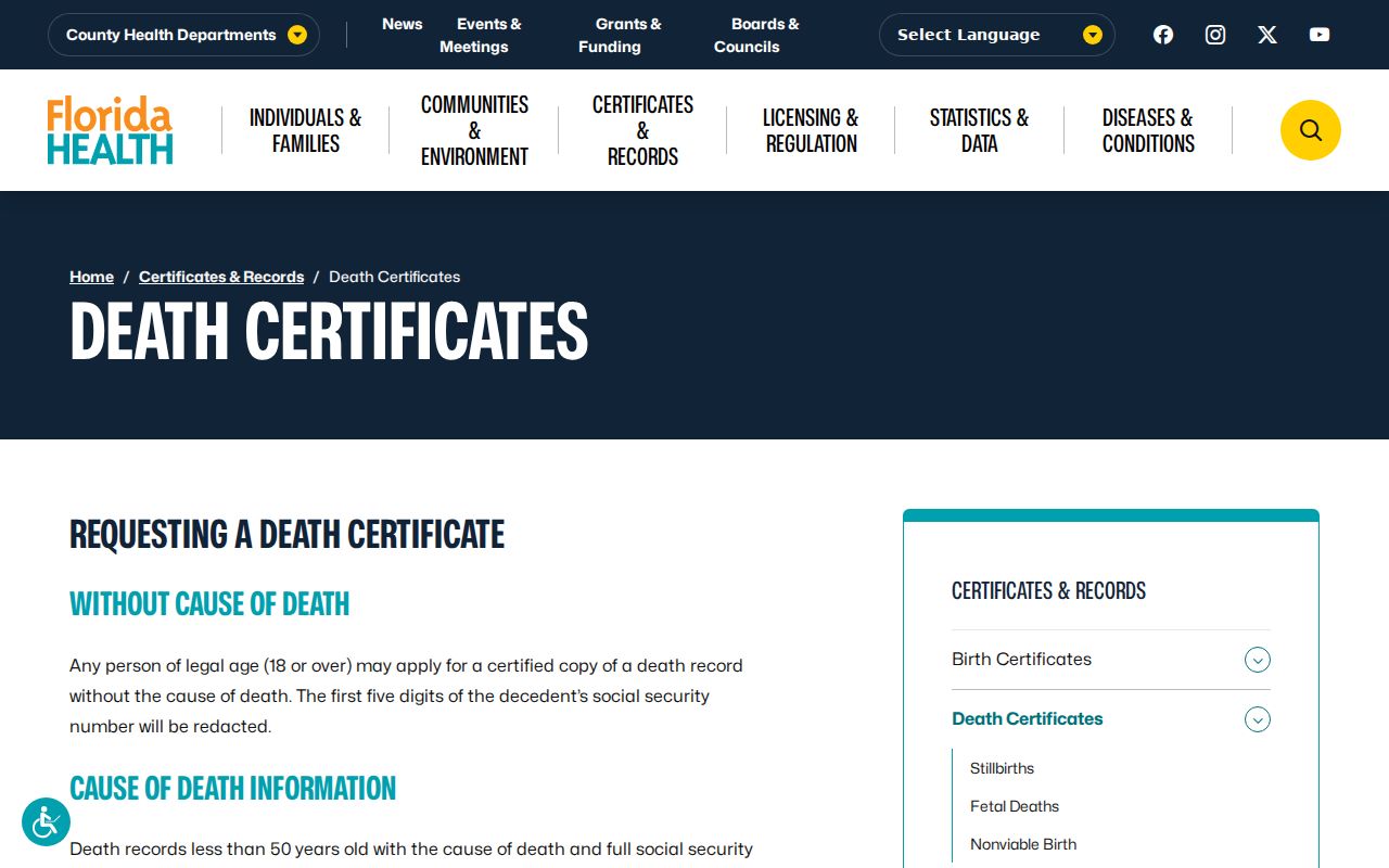 Florida death certificate service for confirming a past Pinellas Park resident