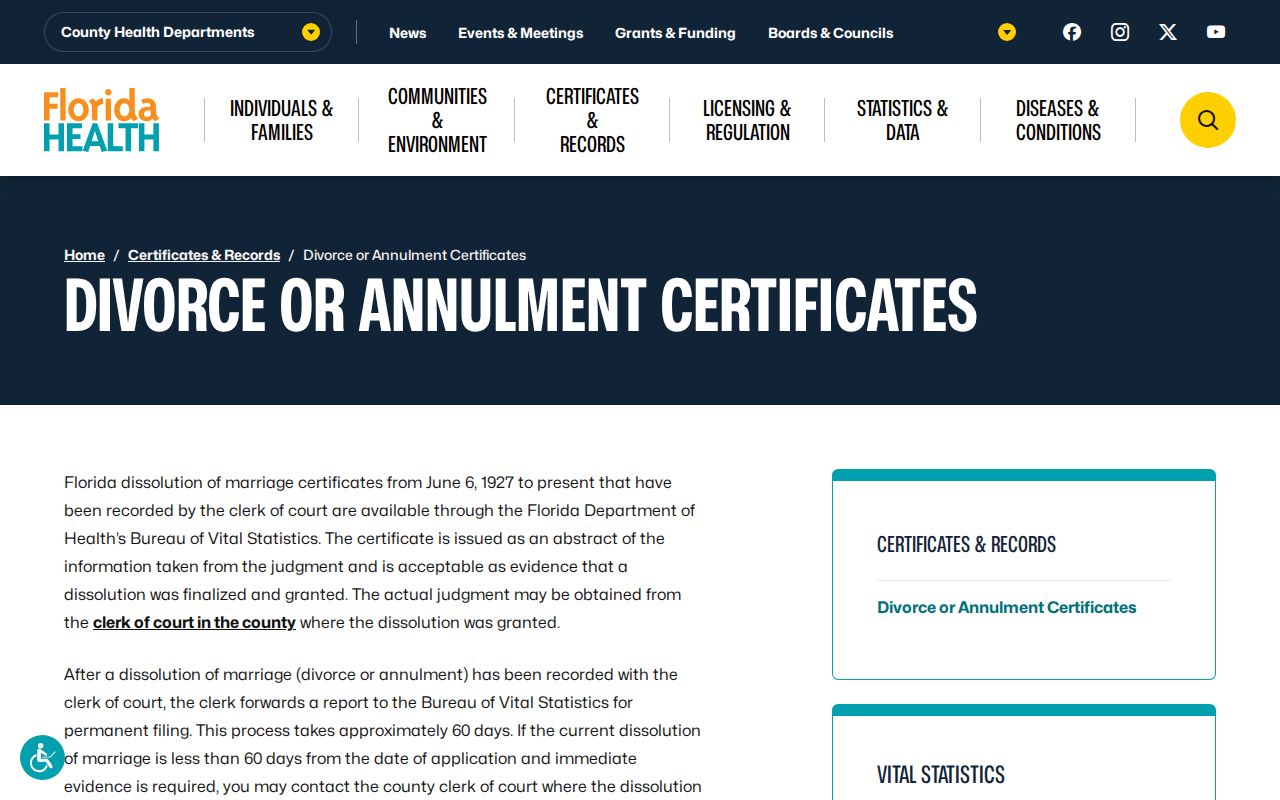 Florida divorce certificate instructions for a former Pinellas Park household trail