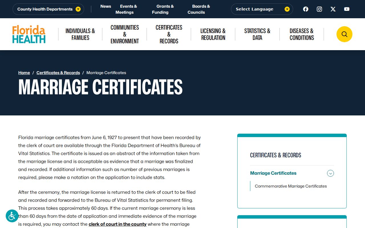 Florida marriage certificate ordering page used to confirm former household relationships