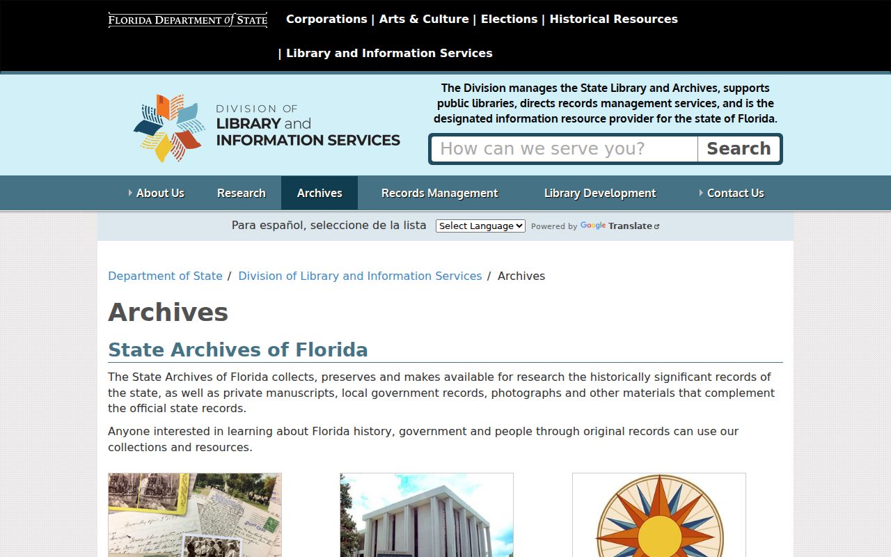 Florida State Archives research and catalog page for historical resident evidence