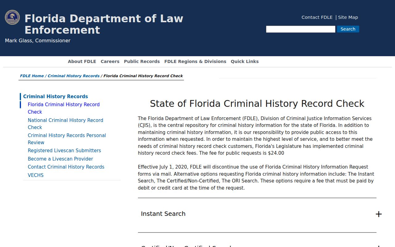 Pinellas Park resident lookup through the FDLE criminal history channel