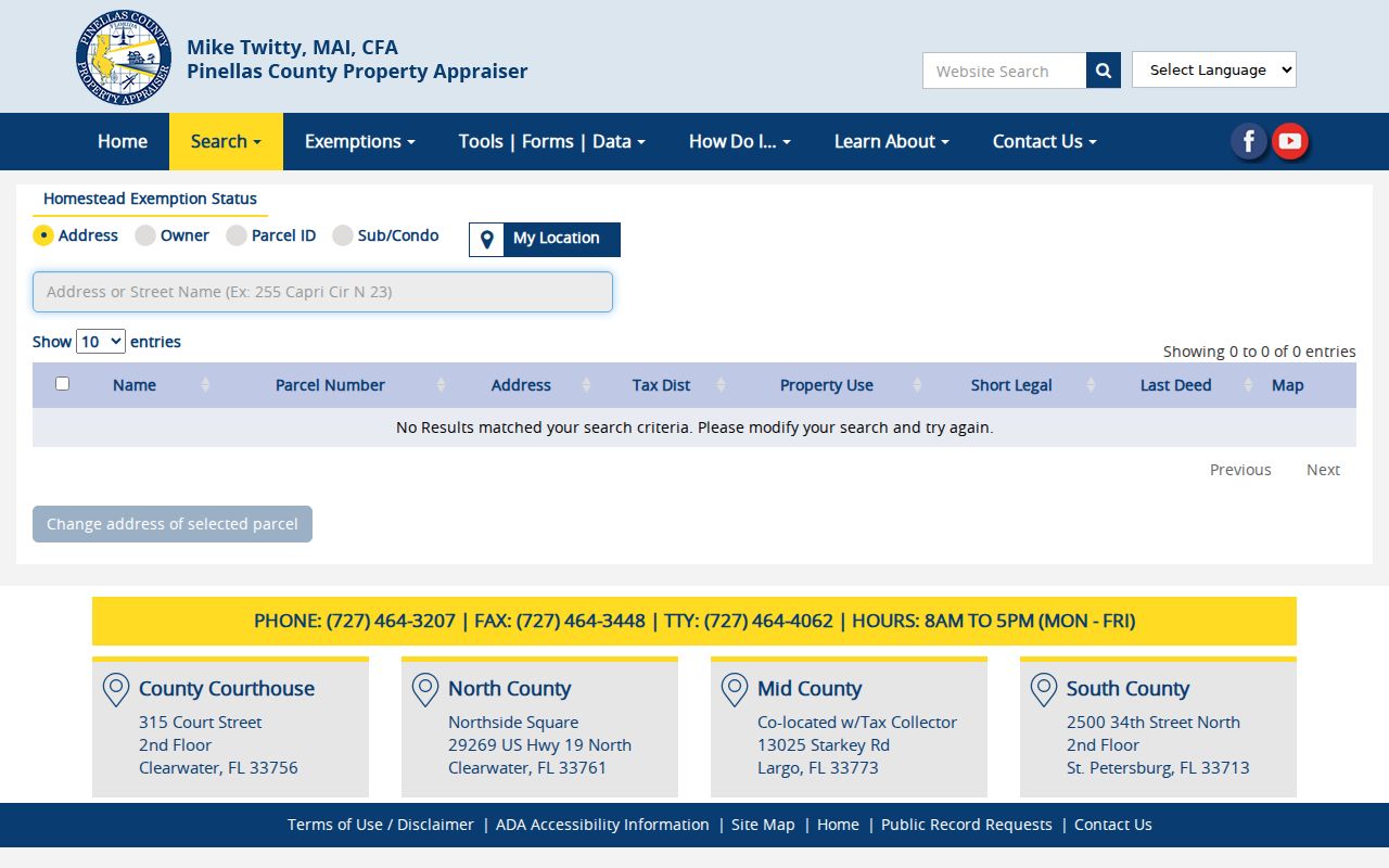Pinellas Park ZIP code directory property search fields